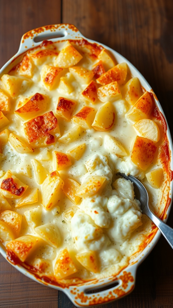 A baked potato au gratin with golden cheese crust and creamy layers, served on a rustic table.